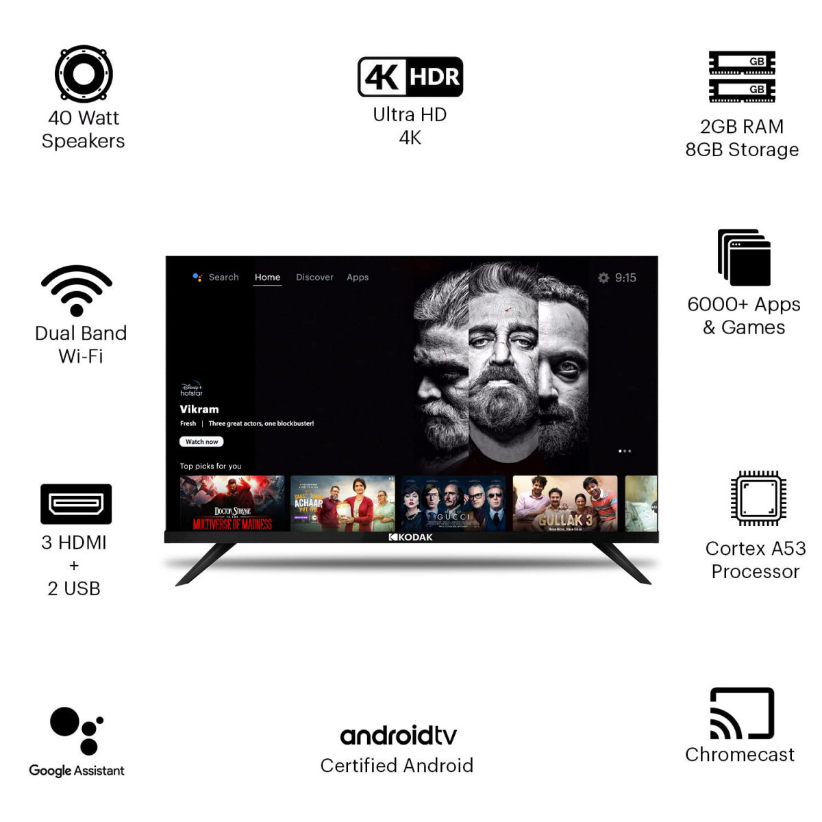 Kodak 126 cm 50 inches Bezel-Less Design Series 4K Ultra HD Smart Android LED TV 50UHDX7XPROBL Black