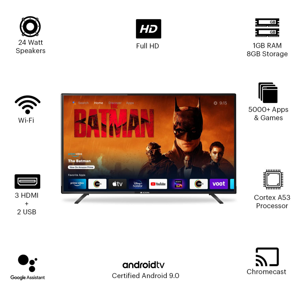 Kodak 80 cm 32 inches HD Ready Certified Android LED TV 32HDX7XPRO Black