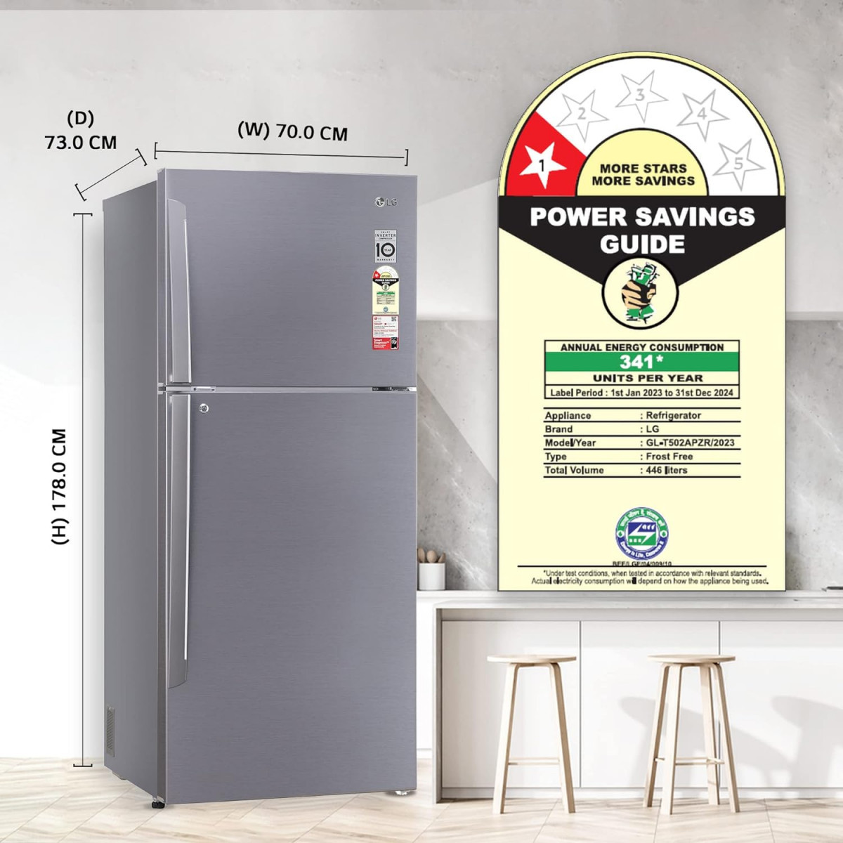 LG 446 L 1 Star Frost-Free Smart Inverter Double Door Refrigerator GL-T502APZR Shiny Steel Convertible  Door Cooling