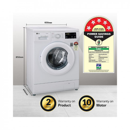 LG 65 Kg 5 Star Inverter Direct Drive Fully Automatic Front Load Washing Machine FHM1065SDW Steam Wash In-Built Heater Touch Panel White