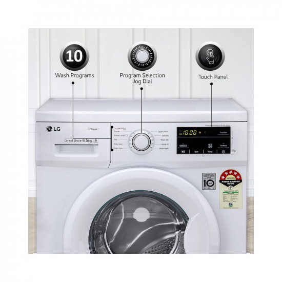 LG 65 Kg 5 Star Inverter Direct Drive Fully Automatic Front Load Washing Machine FHM1065SDW Steam Wash In-Built Heater Touch Panel White