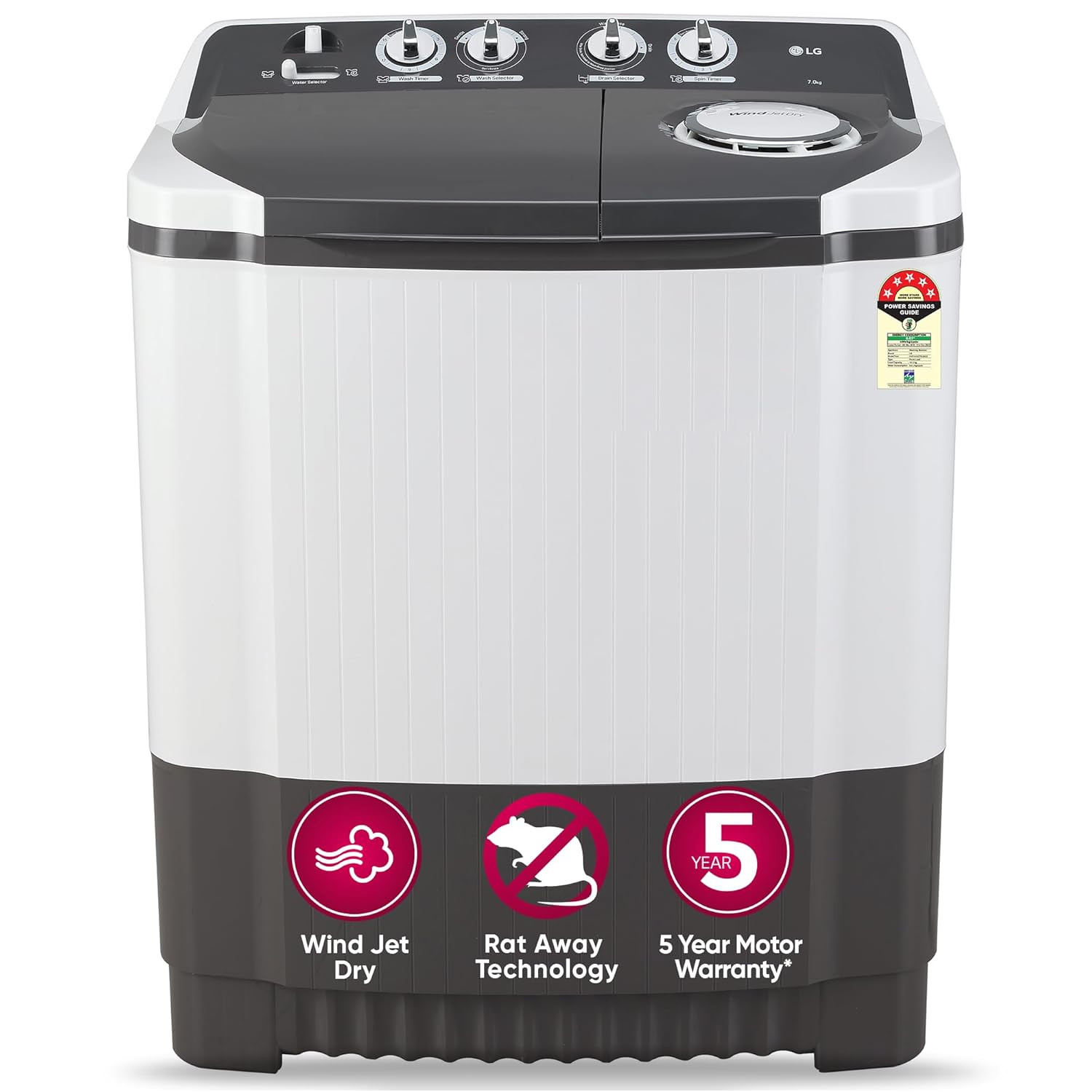 LG 7 Kg 5 Star Wind Jet Dry Semi-Automatic Top Loading Washing Machine P7020NGAZ Dark Gray Rat Away Feature