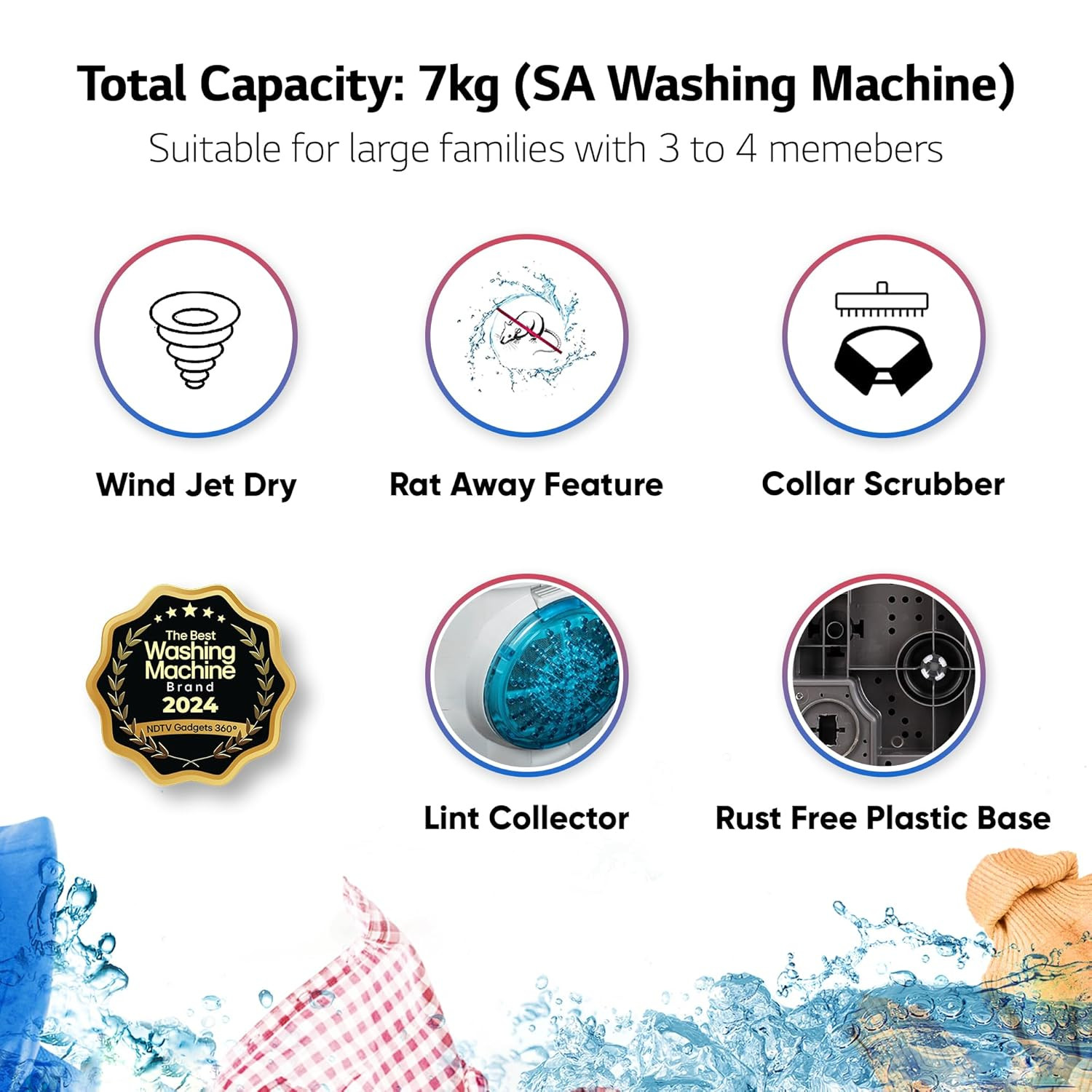 LG 7 Kg 5 Star Wind Jet Dry Semi-Automatic Top Loading Washing Machine P7020NGAZ Dark Gray Rat Away Feature