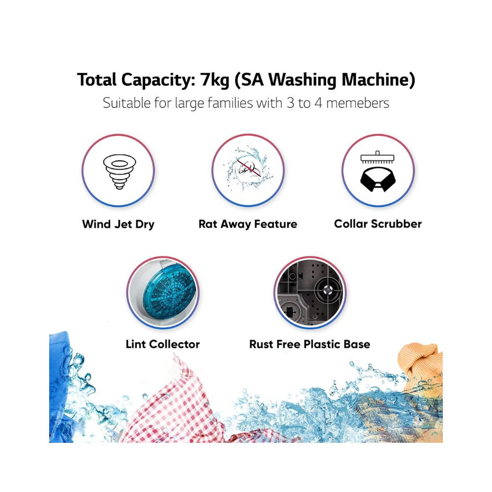LG 7 Kg 5 Star Wind Jet Dry Semi-Automatic Top Loading Washing Machine P7020NGAZ Dark Gray Rat Away Feature