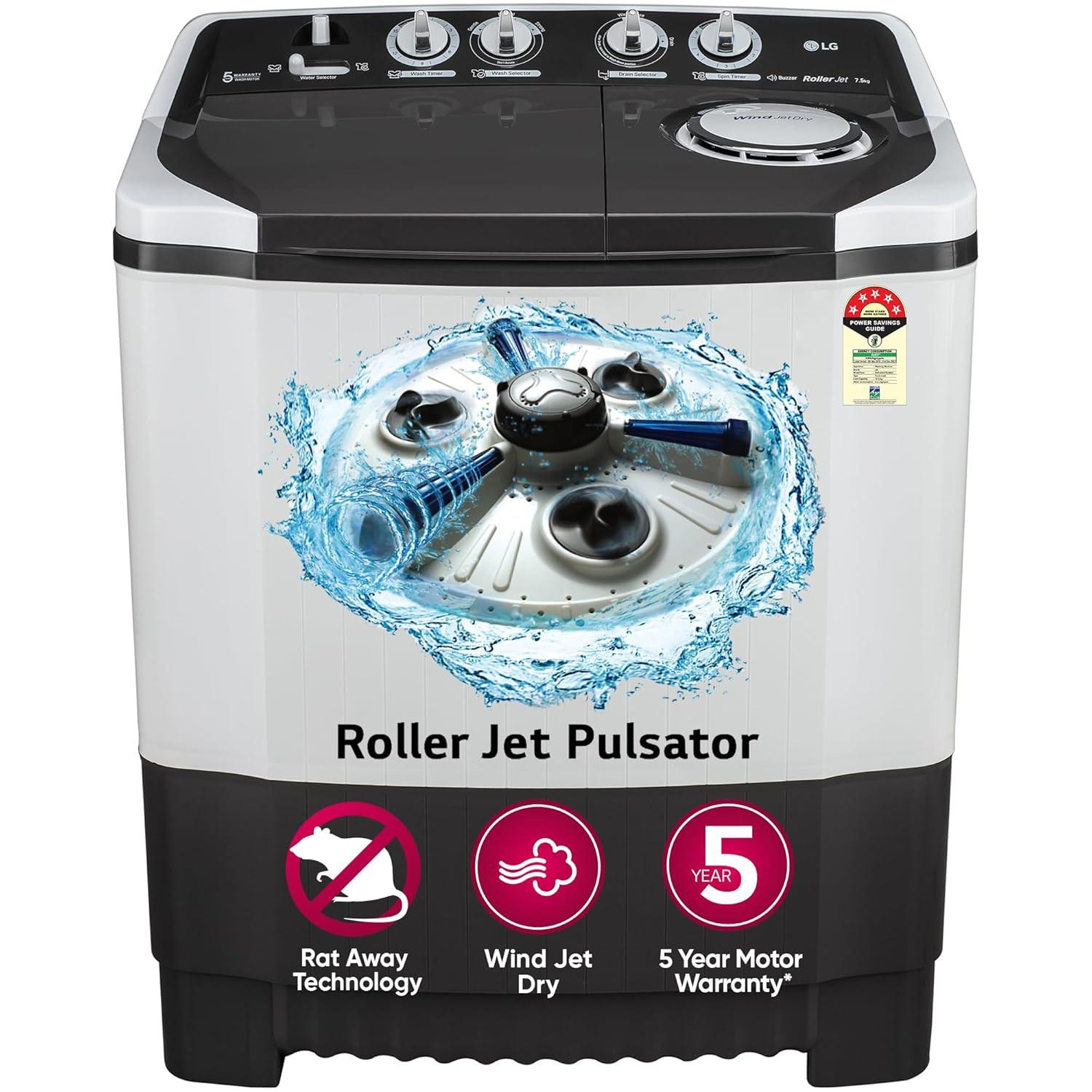 LG 75 kg 5 Star Wind jet dry Semi-Automatic Top Load Washing Machine P7510RGAZ Dark Gray Roller Jet Pulsator