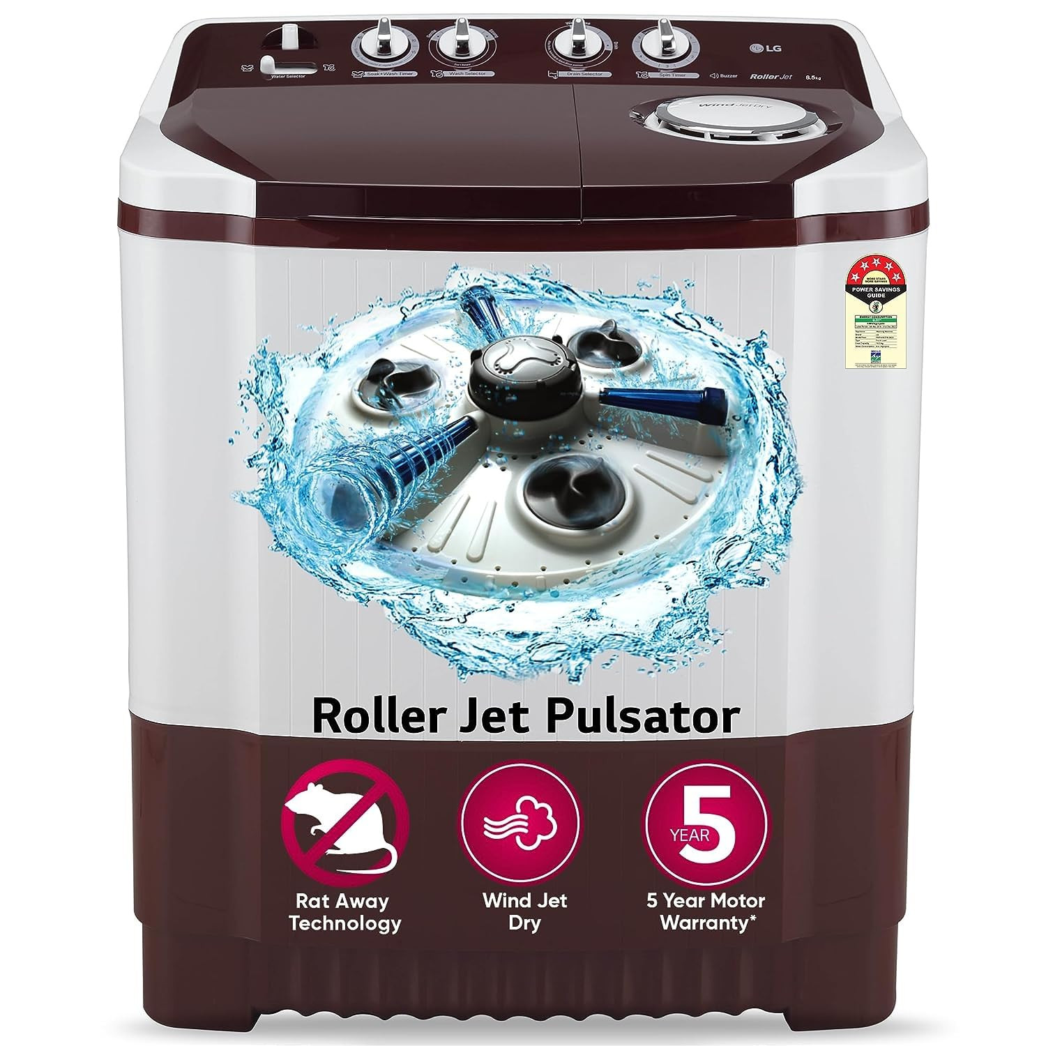 LG 85 kg 5 Star Semi-Automatic Top Load Washing Machine P8530SRAZ Burgundy Roller Jet Pulsator