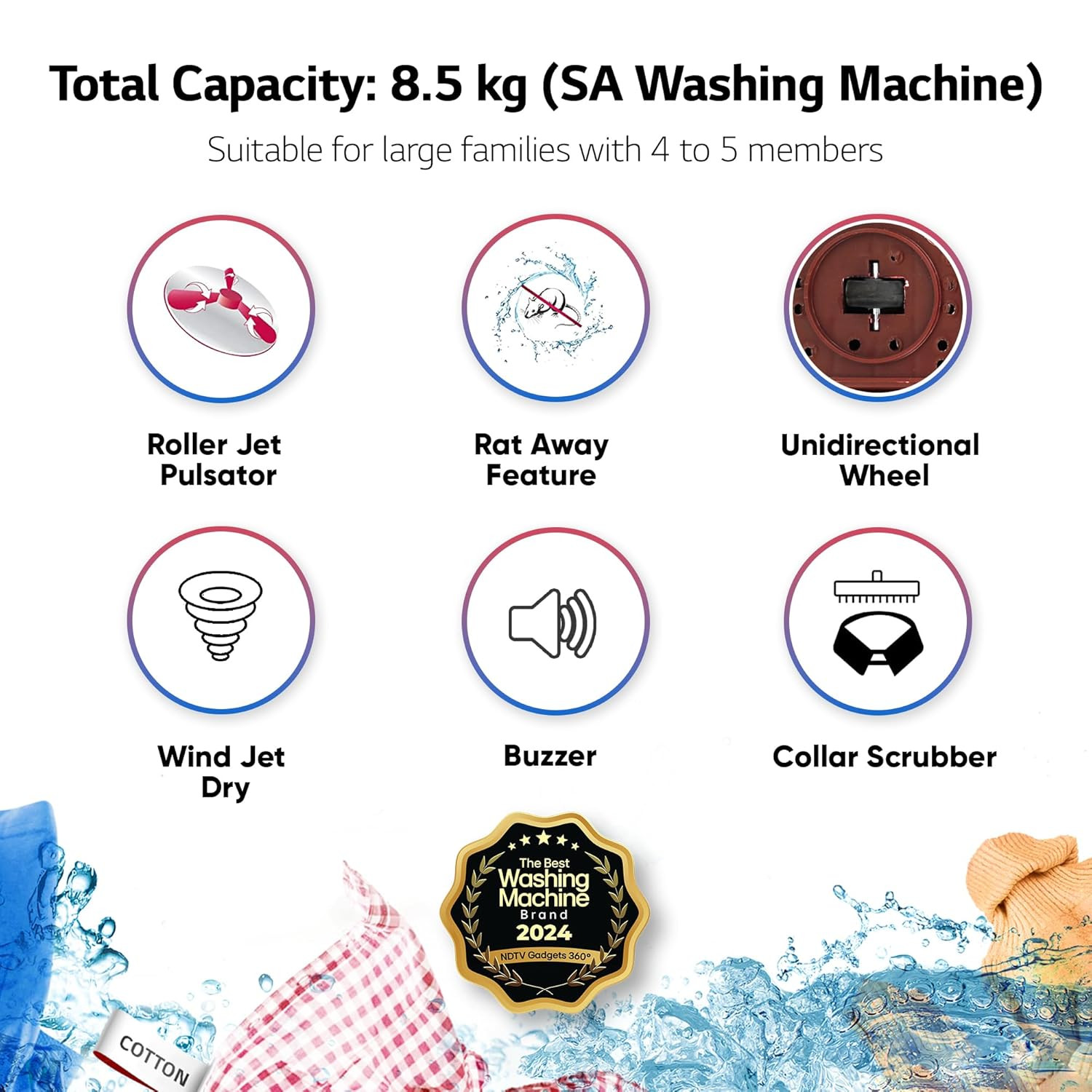 LG 85 kg 5 Star Semi-Automatic Top Load Washing Machine P8530SRAZ Burgundy Roller Jet Pulsator