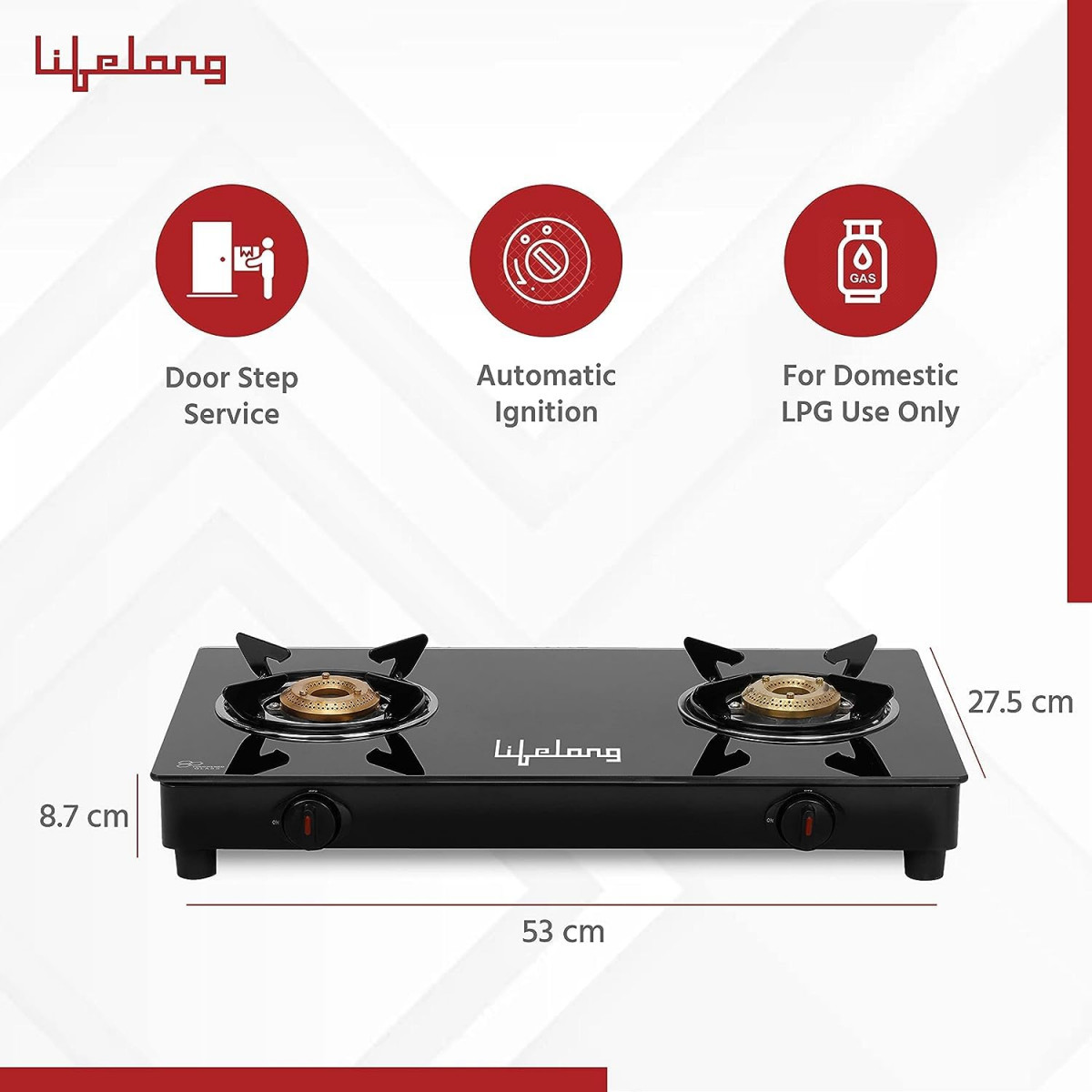 Lifelong 2 Burner Gas Stove Top for Kitchen - Automatic Ignition Cooktop Modern Glass Stove