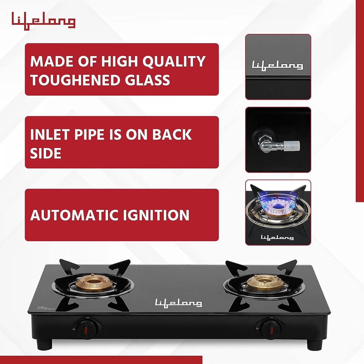 Lifelong 2 Burner Gas Stove Top for Kitchen - Automatic Ignition Cooktop Modern Glass Stove