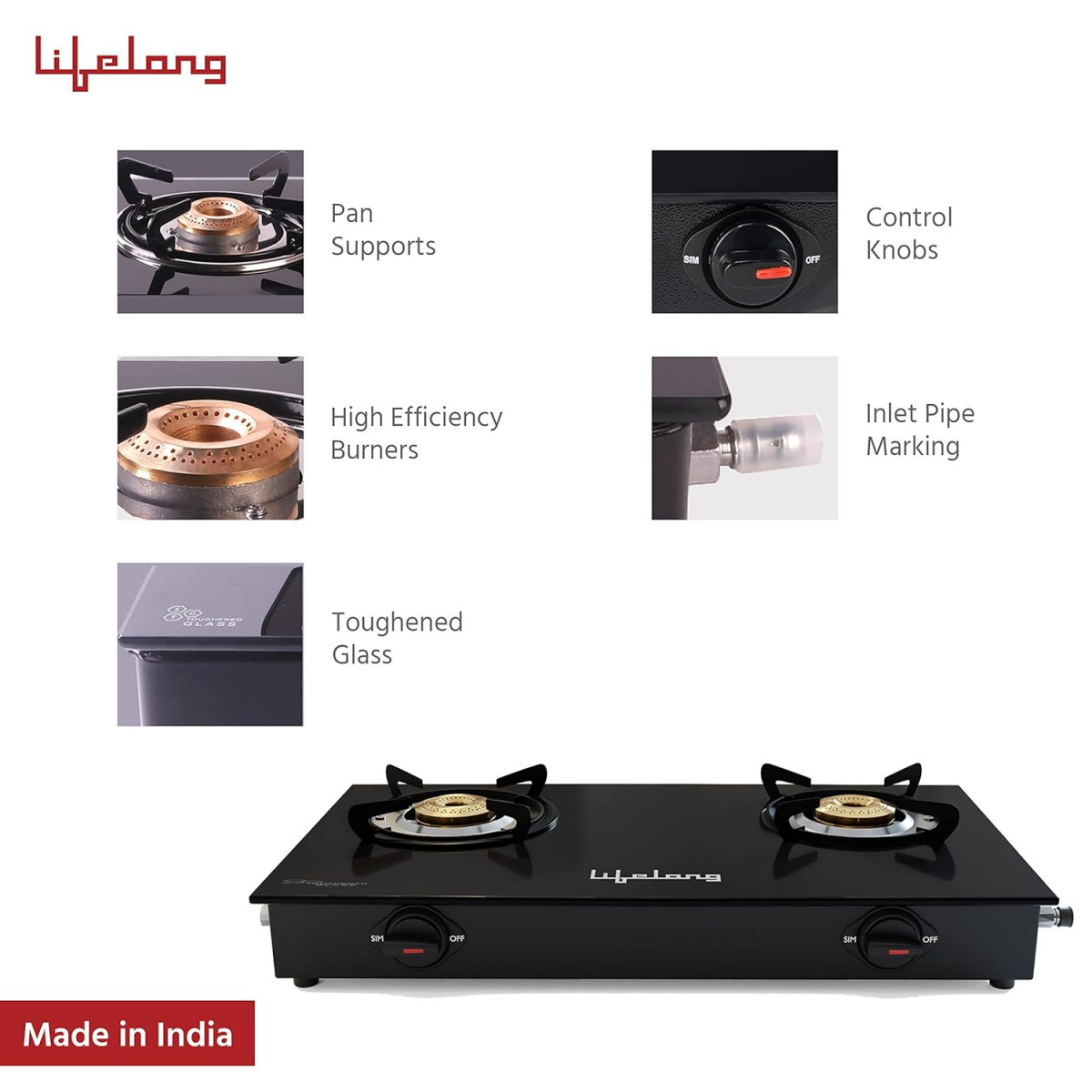 Lifelong 2 Burner Gas Stove Top for Kitchen - Manual Ignition Cooktop Modern Glass Stove