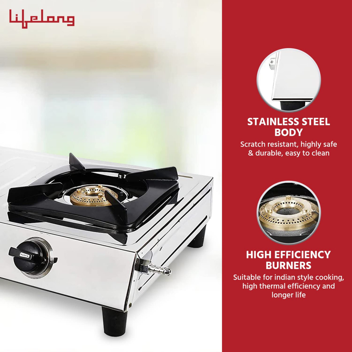 Lifelong 2 Burner Gas Stove Top for Kitchen - Manual Ignition Cooktop with Stainless Steel for Kitchen