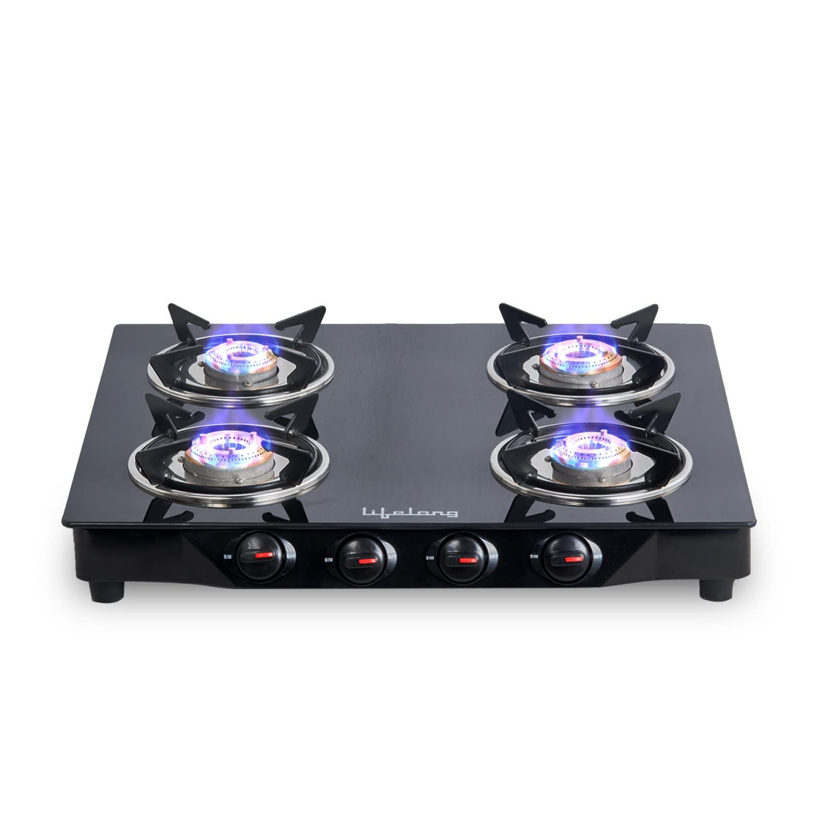 Lifelong 4 Burner Gas Stove Top for Kitchen - Manual Ignition Cooktop Modern Glass Stove for Modular Kitchen with Toughened Glass ISI Certified  Compatible with LPG - 1 Year Manufacturer039s Black