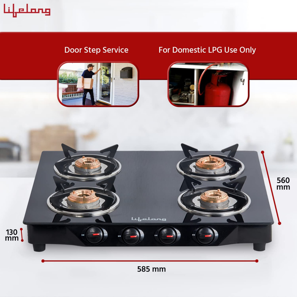 Lifelong 4 Burner Gas Stove Top for Kitchen - Manual Ignition Cooktop Modern Glass Stove for Modular Kitchen with Toughened Glass ISI Certified  Compatible with LPG - 1 Year Manufacturer039s Black