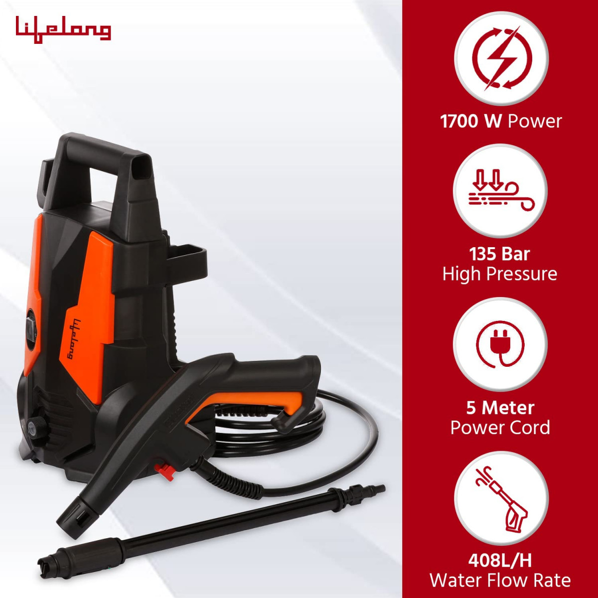 Lifelong Aquawash High Pressure Washer 1700W Universal Motor Pressure-135 Bar Max Flow-400 LhrWorking Radius 10mHose Pipe for Home Car Cleaning  Garden Washer