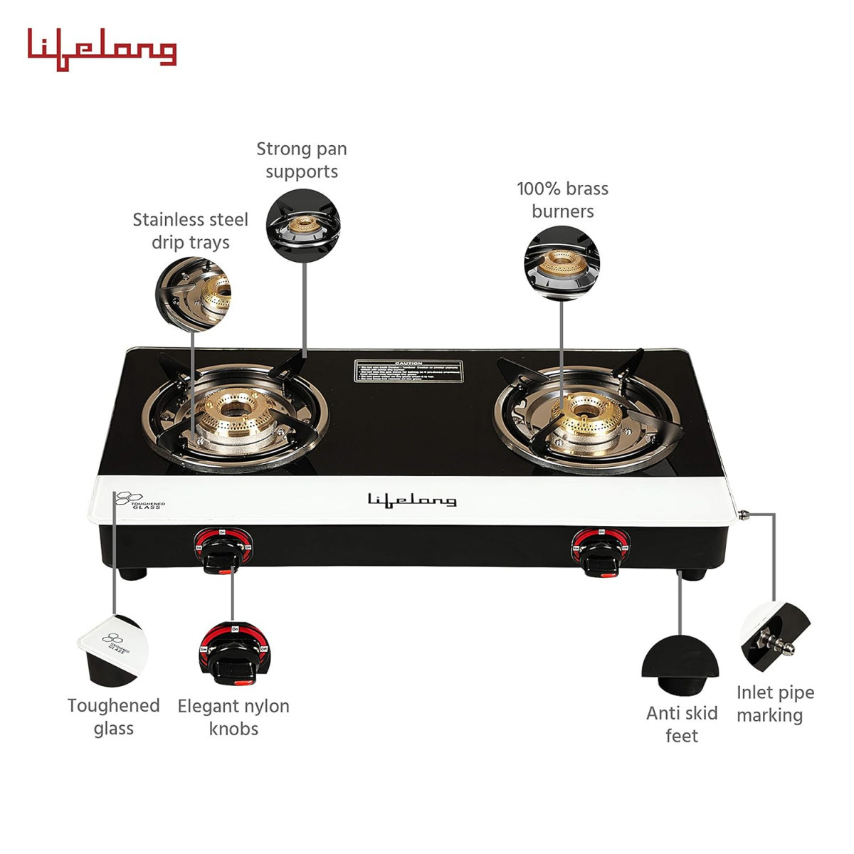 Lifelong Glass Top 2 Burner Gas Stove  Premium Design Brass Burner Toughened Glass High Thermal EfficiancyManual Black and White LLGS211 ISI Certified