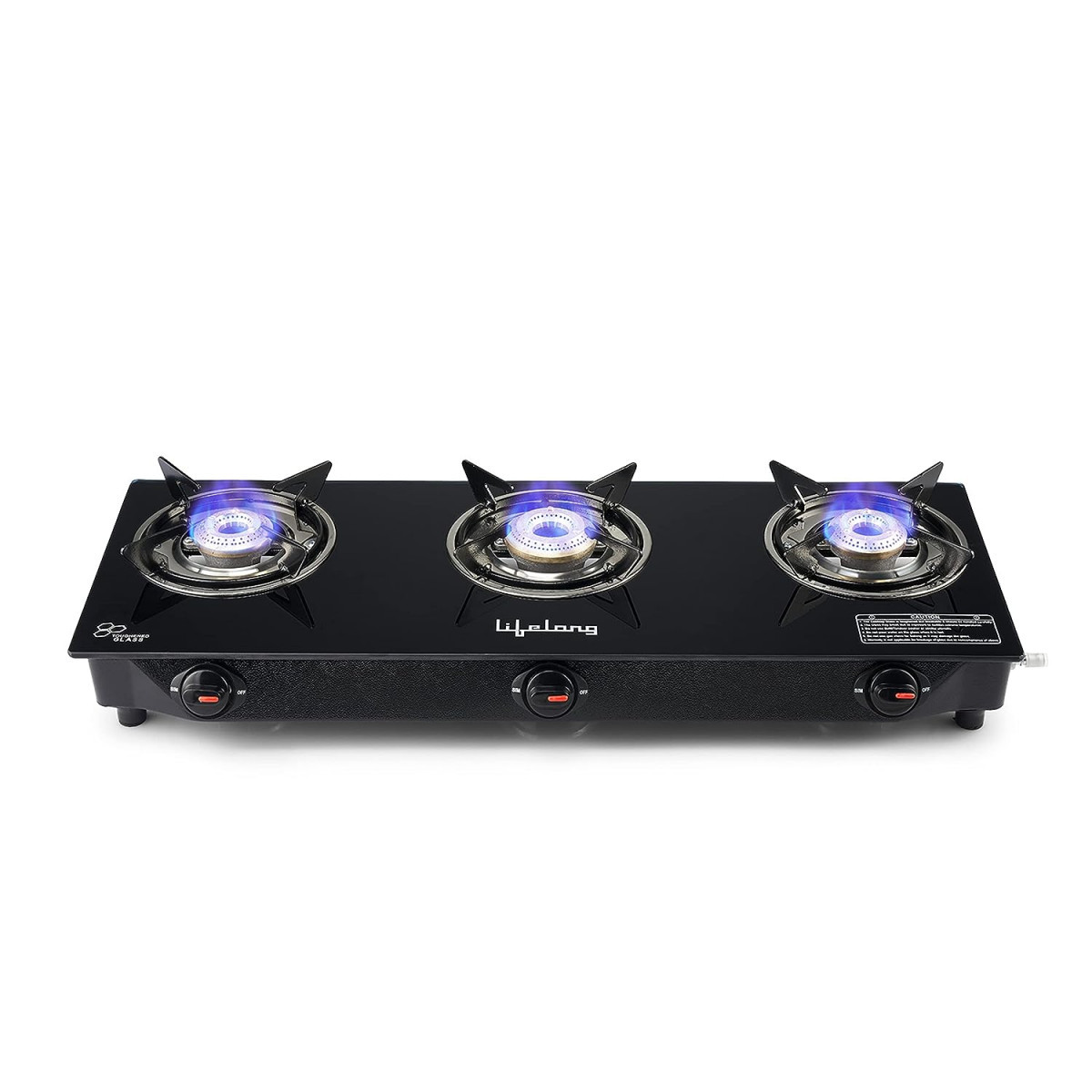 Lifelong LLGS930 Manual Ignition High Efficiency 3 Burner Gas Stove with Toughened Glass Top ISI Certified For LPG Use 1 Year Warranty Doorstep Service Black