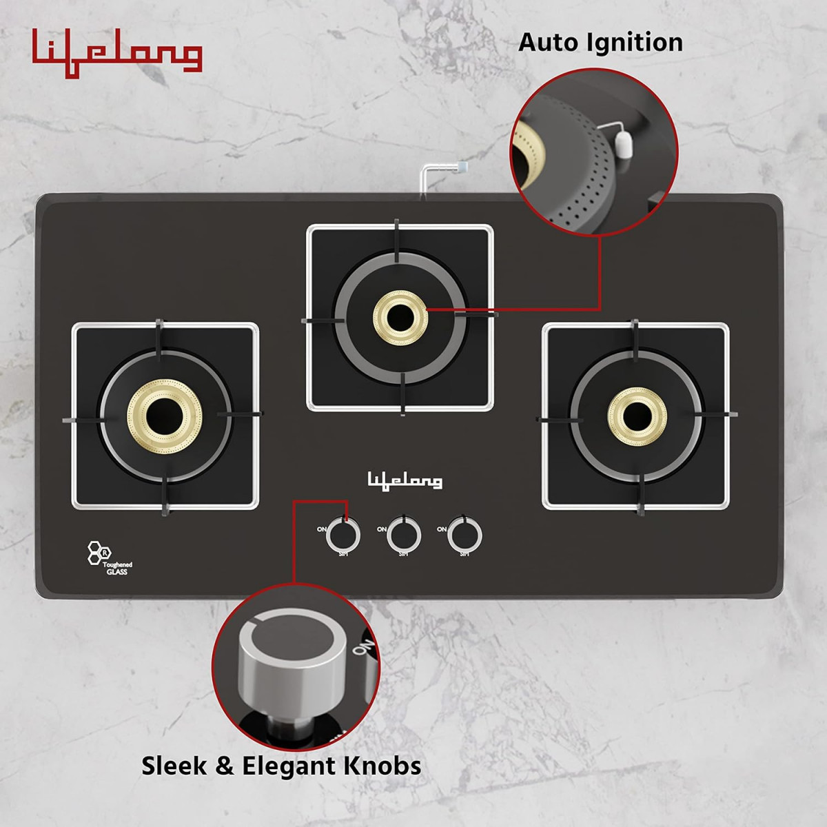 Lifelong LLHT913 Sigma Auto Ignition Counter-Top Hob Top High Efficiency 3 Burner Sleek Design Toughened Glass Top Cooktop Black 1 Year warranty