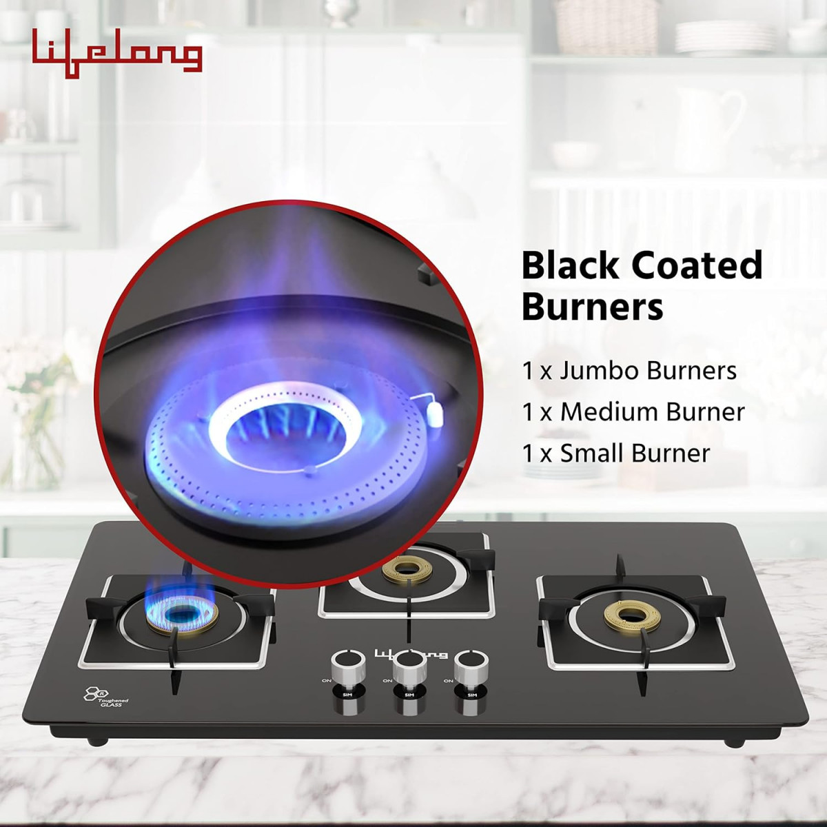 Lifelong LLHT913 Sigma Auto Ignition Counter-Top Hob Top High Efficiency 3 Burner Sleek Design Toughened Glass Top Cooktop Black 1 Year warranty