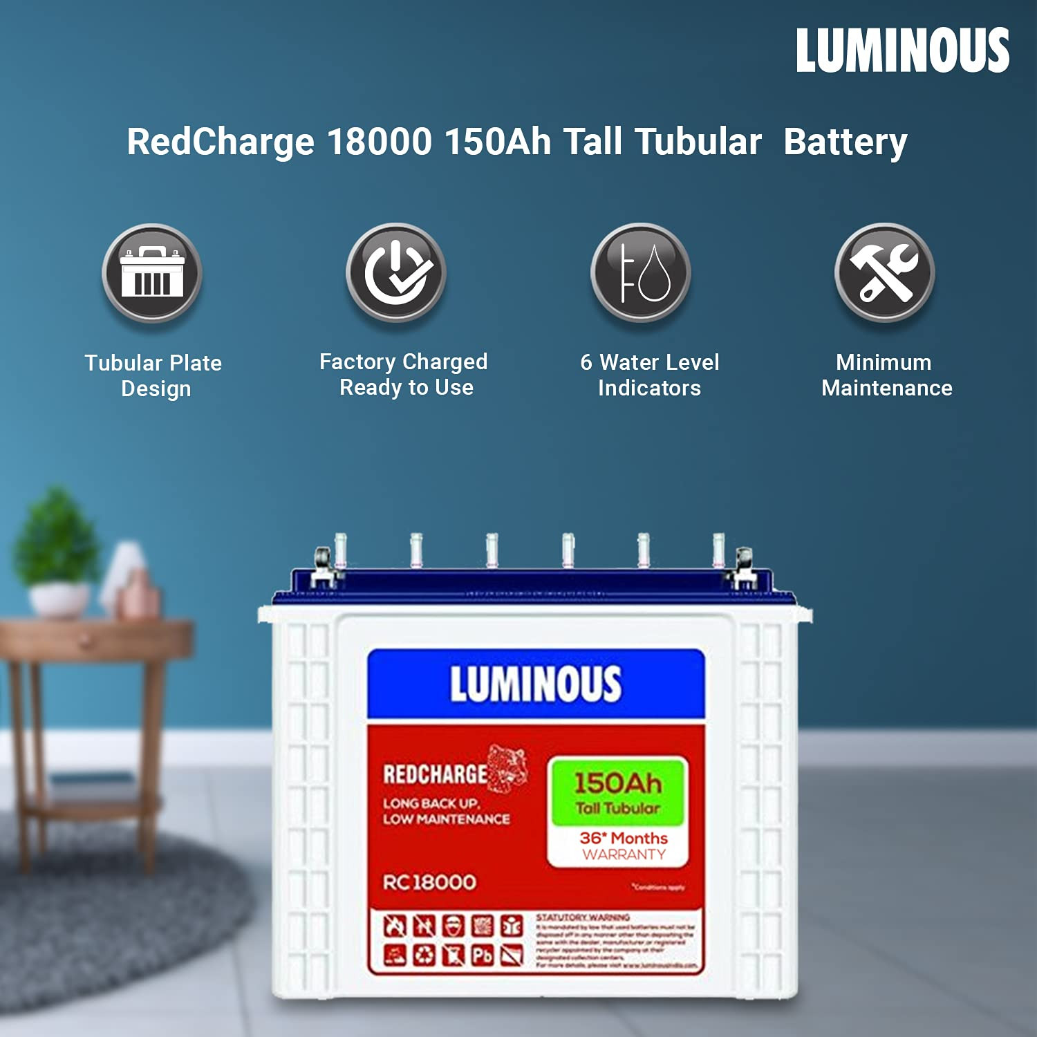 Luminous Inverter  Battery Combo Eco Volt Neo 1050 Pure Sine Wave 900VA12V Inverter Red Charge RC18000 Tall Tubular 150Ah Battery for Home Office  Shops