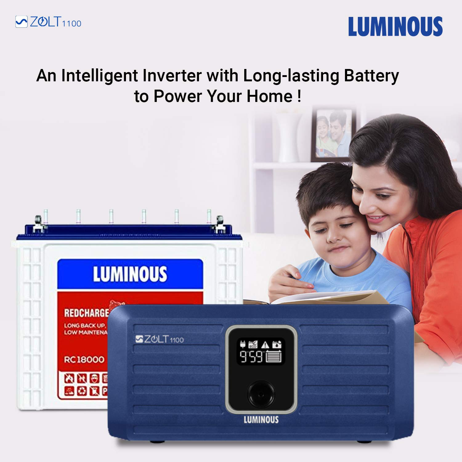 Luminous Inverter  Battery Combo Zolt 1100 Pure Sine Wave 900VA12V Inverter with Red Charge RC 25000 Tall Tubular 200Ah Battery for Home Office  Shops