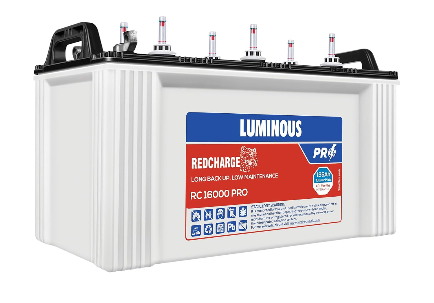 Luminous Red Charge RC 16000 PRO Battery for Home Office  Shops  135 Ah12V Short Tubular Inverter  Durable and Reliable Inverter Battery  Minimum Maintenance  48 Months Warranty