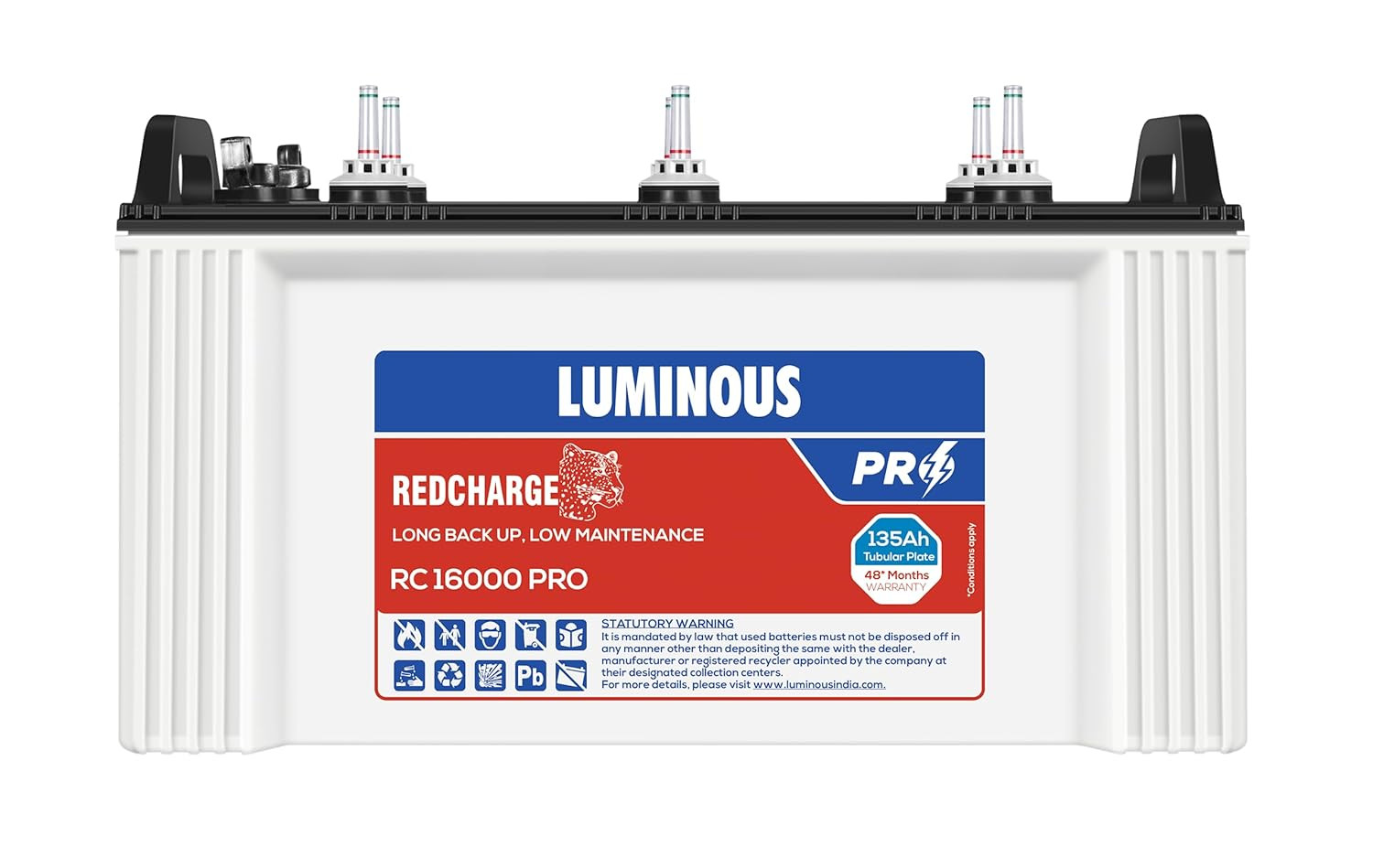 Luminous Red Charge RC 16000 PRO Battery for Home Office  Shops  135 Ah12V Short Tubular Inverter  Durable and Reliable Inverter Battery  Minimum Maintenance  48 Months Warranty