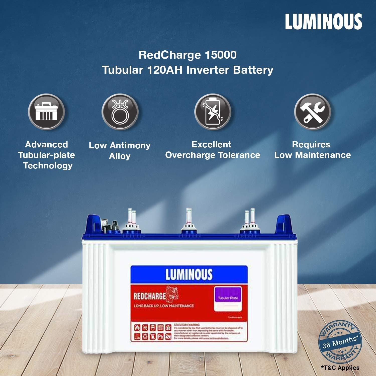 Luminous Red Charge RC 18000 150 Ah Recyclable Tall Tubular Inverter Battery for Home Office  Shops Blue  White