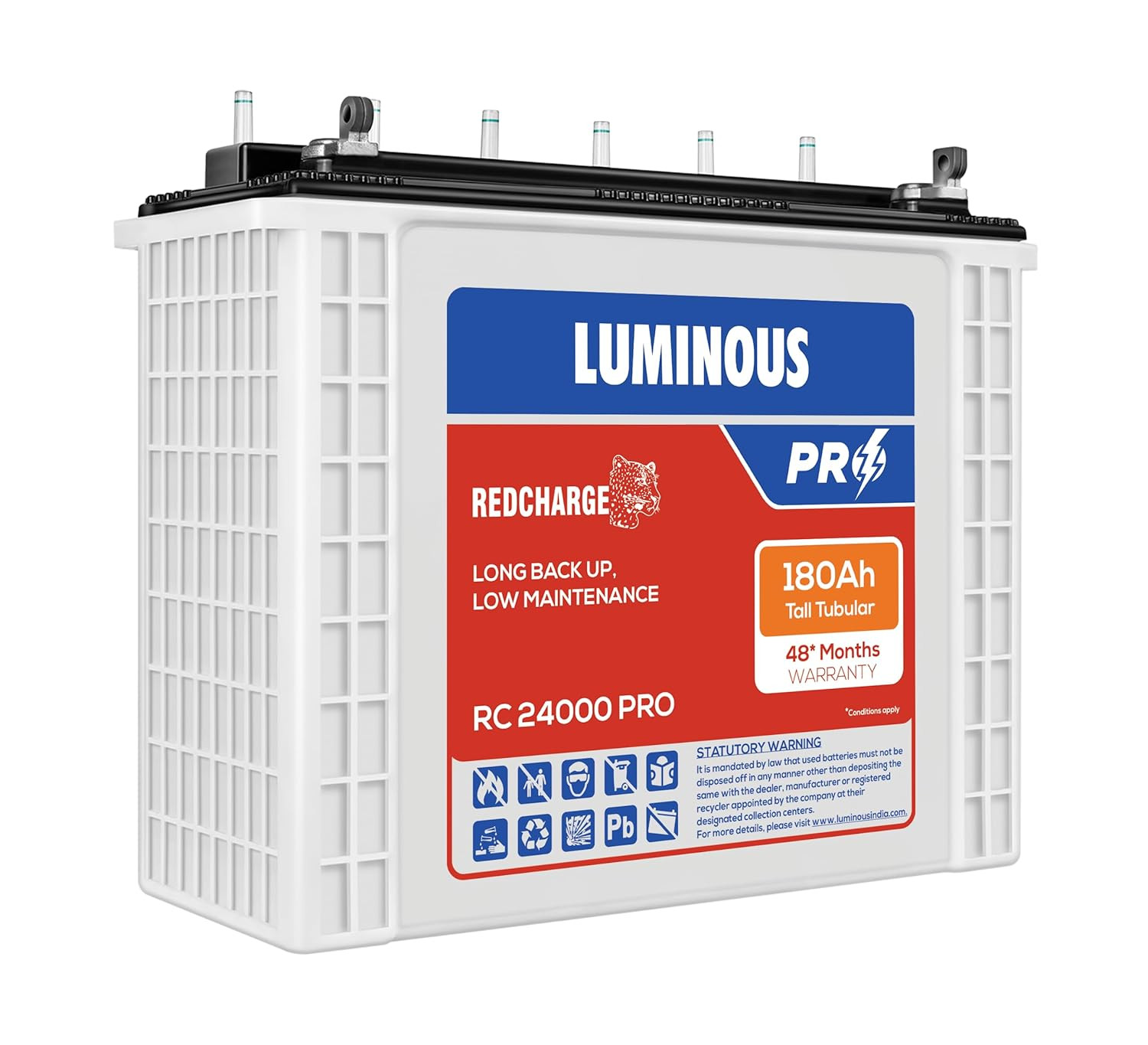 Luminous Red Charge RC 24000 PRO Battery for Home Office  Shops  180 Ah12V Tall Tubular  Easy Installation  Durable and Reliable Inverter Battery  Minimum Maintenance  with 48 Months Warranty