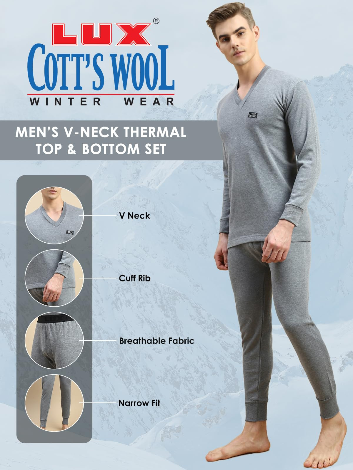 Lux Cott's Wool Men's Light Grey V Neck Full Sleeves Cotton Thermal Top and Bottom  Set