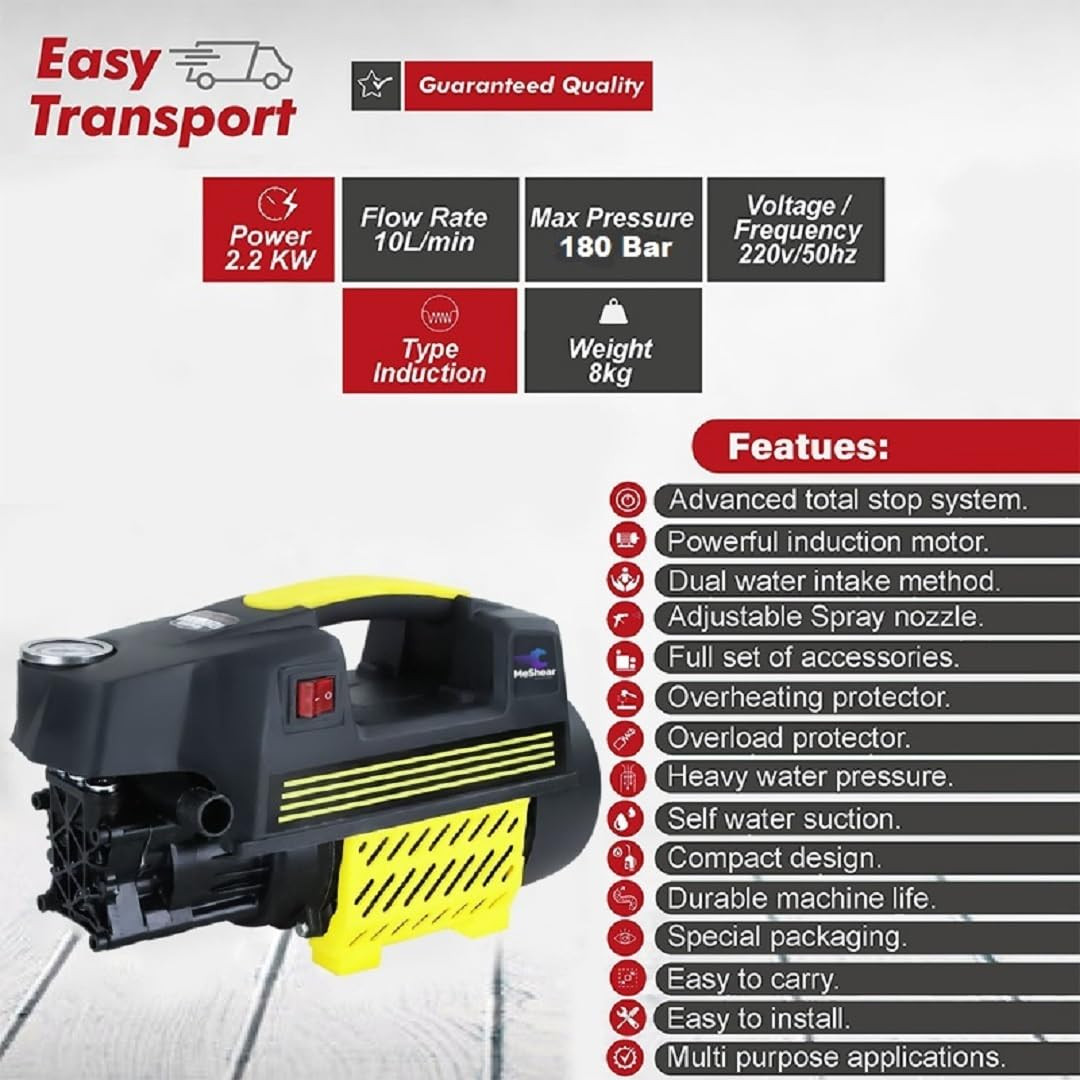 MeShear 2000W 180Bar High Pressure Washer 85Lmin Flowrate with Gunjet and Foam Gun 10 Meter Hose Outlet Pipe for Car Bike and Home 1 Year Warranty Yellow