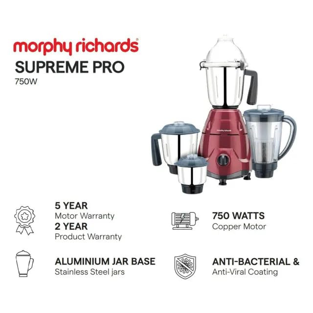 MORPHY RICHARDS Mixer Grinder Supreme PRO 750W 640126 Metallic RED  Dark Grey