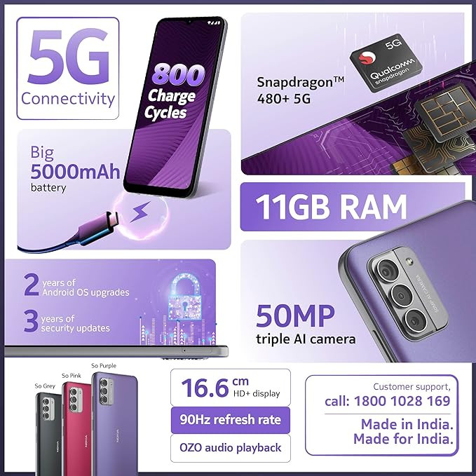 Nokia G42 5G  Snapdragon 480 5G  50MP Triple AI Camera  11GB RAM 6GB RAM  5GB Virtual RAM  128GB Storage  5000mAh Battery  2 Years Android Upgrades  20W Charger Included  So Purple