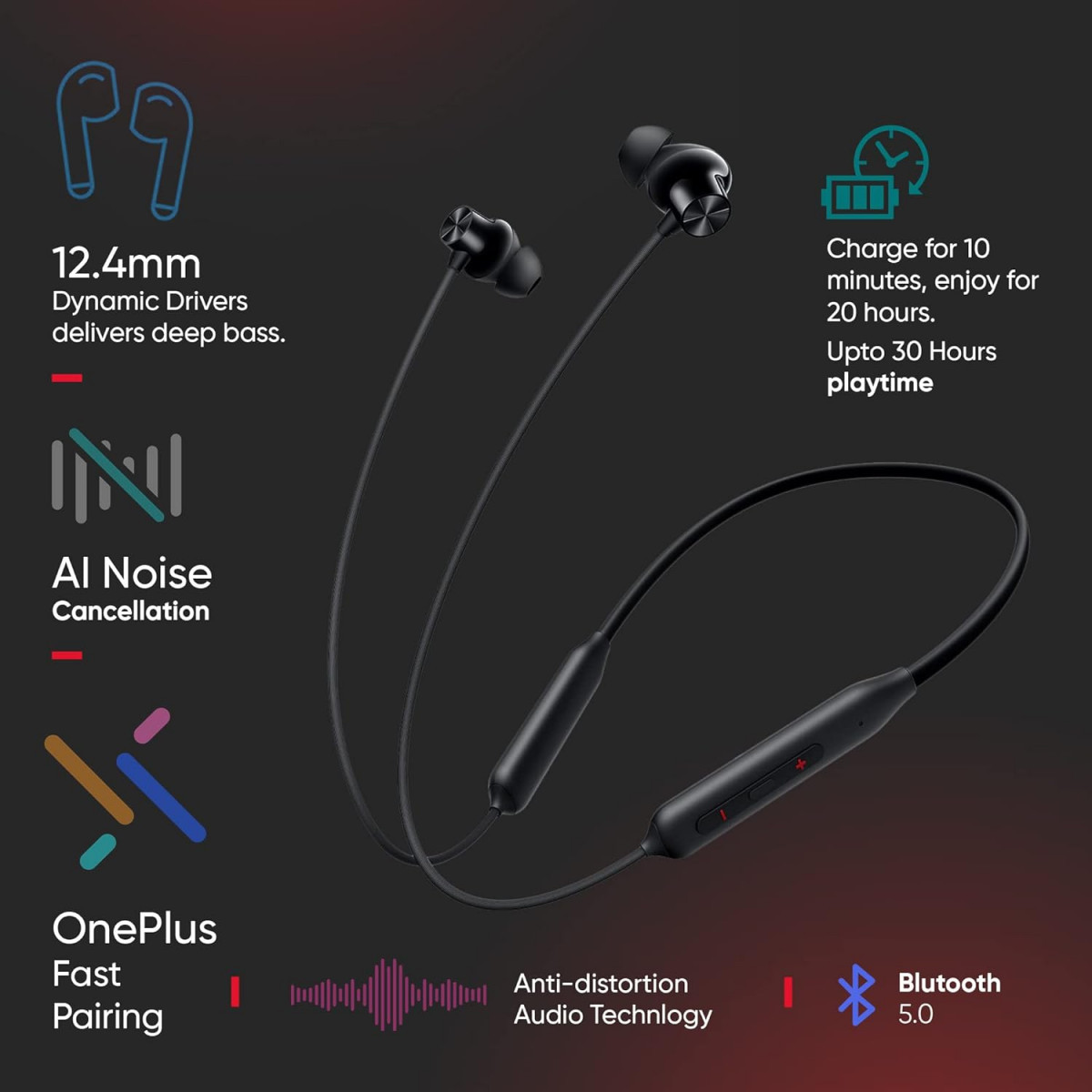 Oneplus Bullets Z2 Bluetooth Wireless in Ear Earphones with Mic Bombastic Bass - 124 mm Drivers 10 Mins Charge - 20 Hrs Music 30 Hrs Battery Life