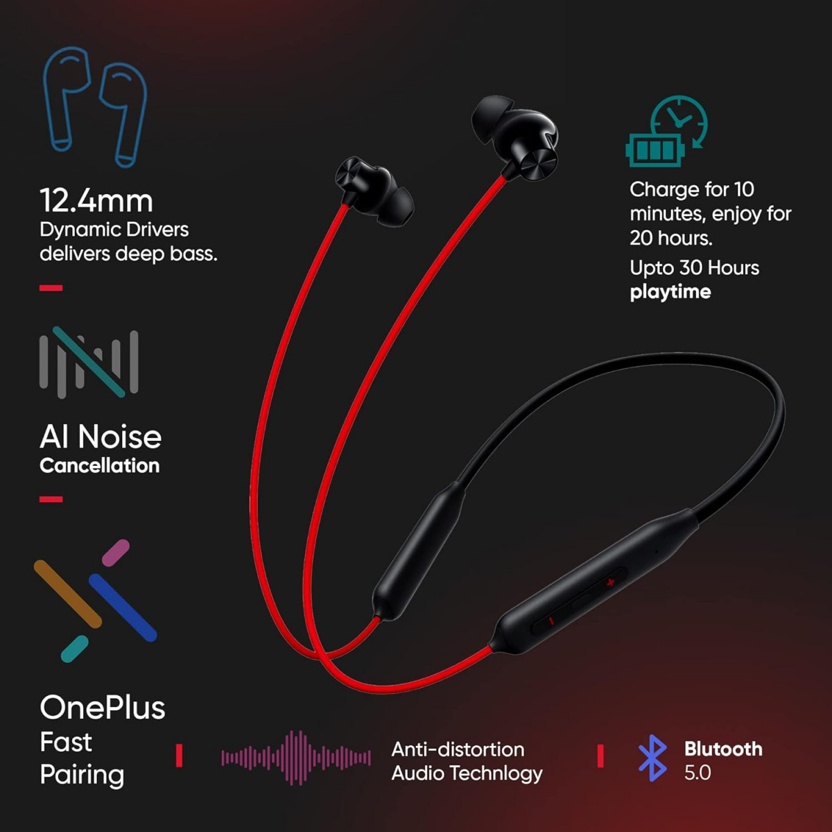 OnePlus Bullets Z2 Bluetooth Wireless in Ear Earphones with Mic Bombastic Bass 10 Mins Charge