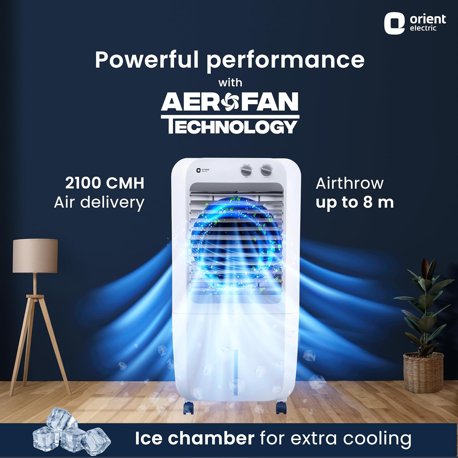 Orient Electric Aeroquid 46L Personal Cooler  8m Air Throw Distance  150W Power Consumption  4 Way Cooling  1 Year Product Warranty  White