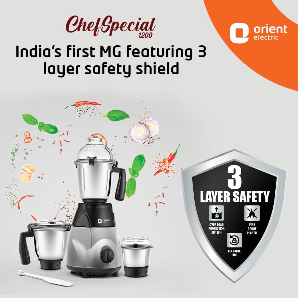 Orient Electric Chefspecial 1200W 3 jar Mixer Grinder MGCS120G3Black  Silver