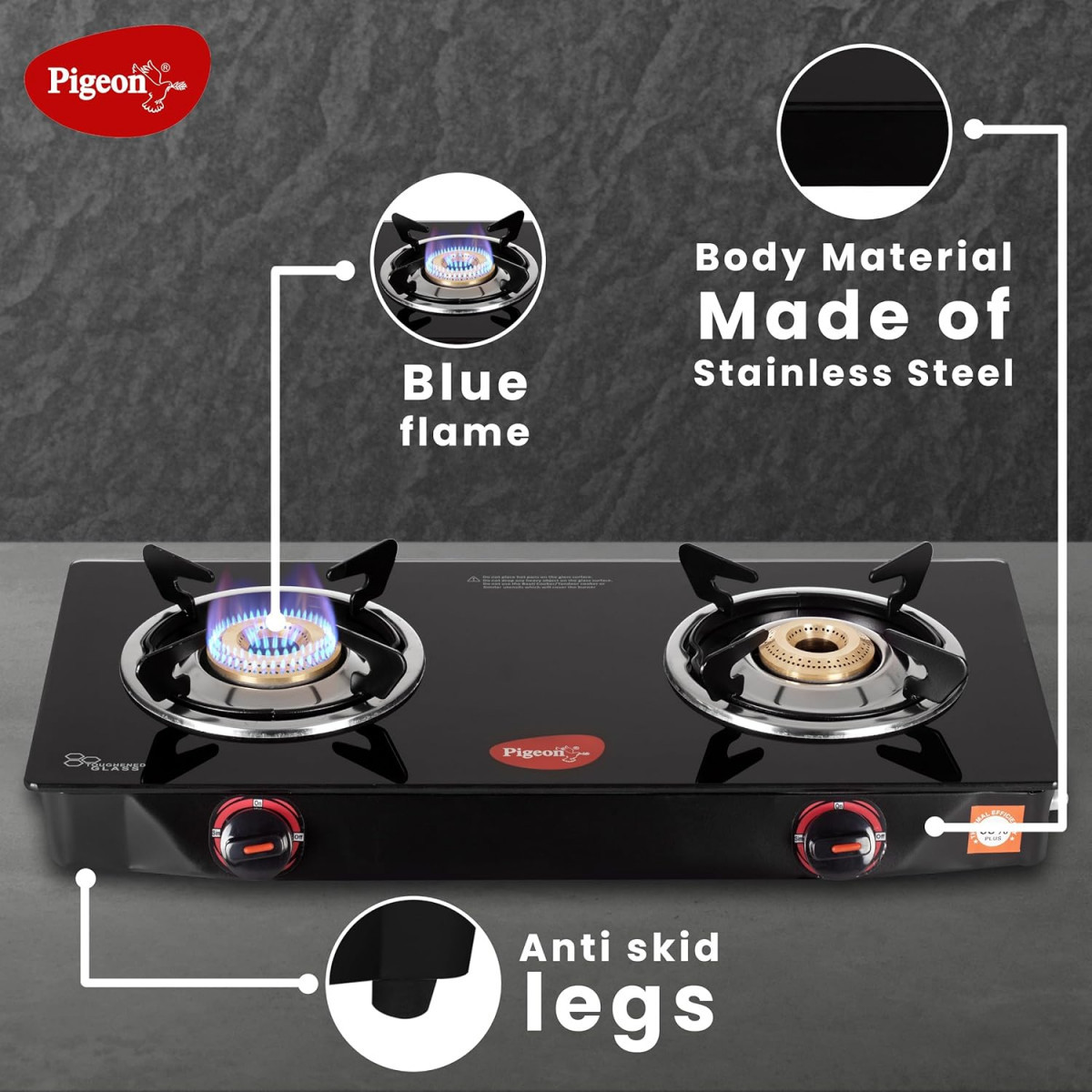 Pigeon Aster Gas Stove 2 Burner with High Powered Brass Burner Gas Cooktop with Glass Top and Powder Coated Body black standard 14266