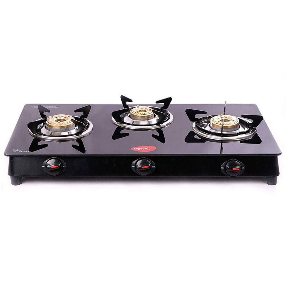 Pigeon by Stovekraft Aster 3 Burner Gas Stove with High Powered Brass Burner Gas Cooktop Cooktop with Glass Top