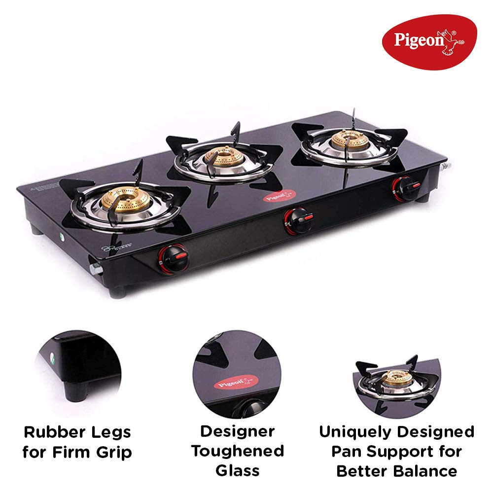 Pigeon by Stovekraft Aster 3 Burner Gas Stove with High Powered Brass Burner Gas Cooktop Cooktop with Glass Top