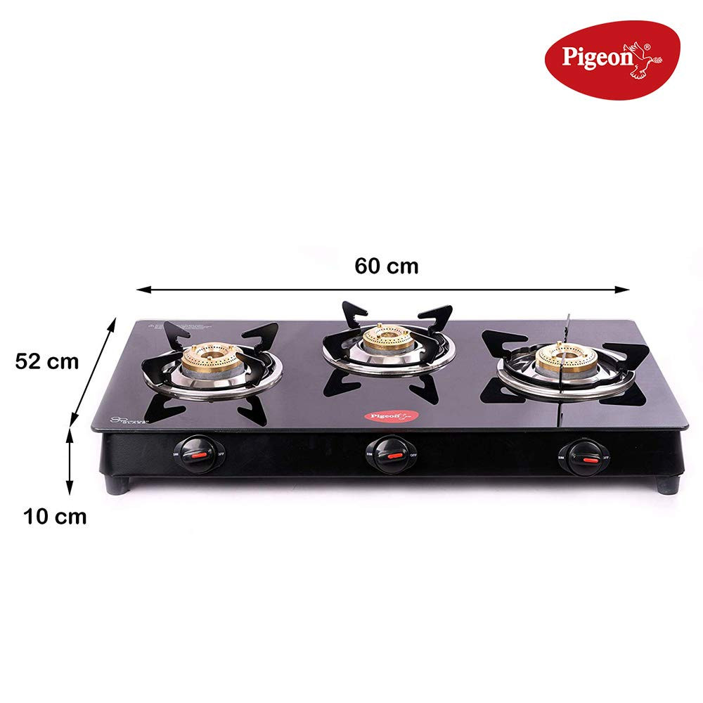 Pigeon by Stovekraft Aster 3 Burner Gas Stove with High Powered Brass Burner Gas Cooktop Cooktop with Glass Top