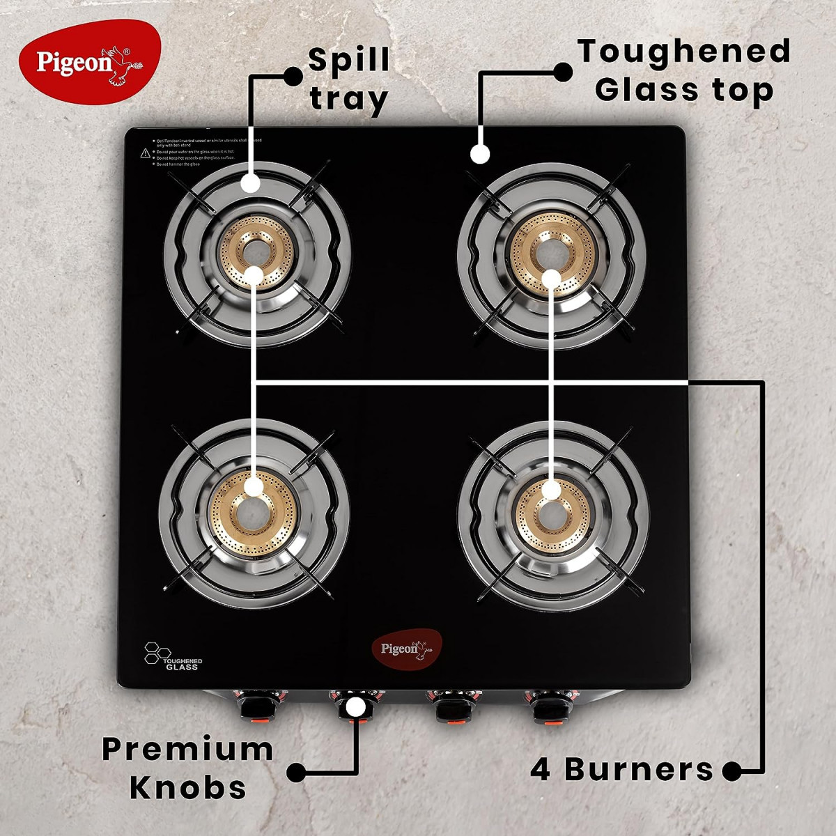 Pigeon by Stovekraft Aster Gas Stove 4 Burner with High Powered Brass Burner