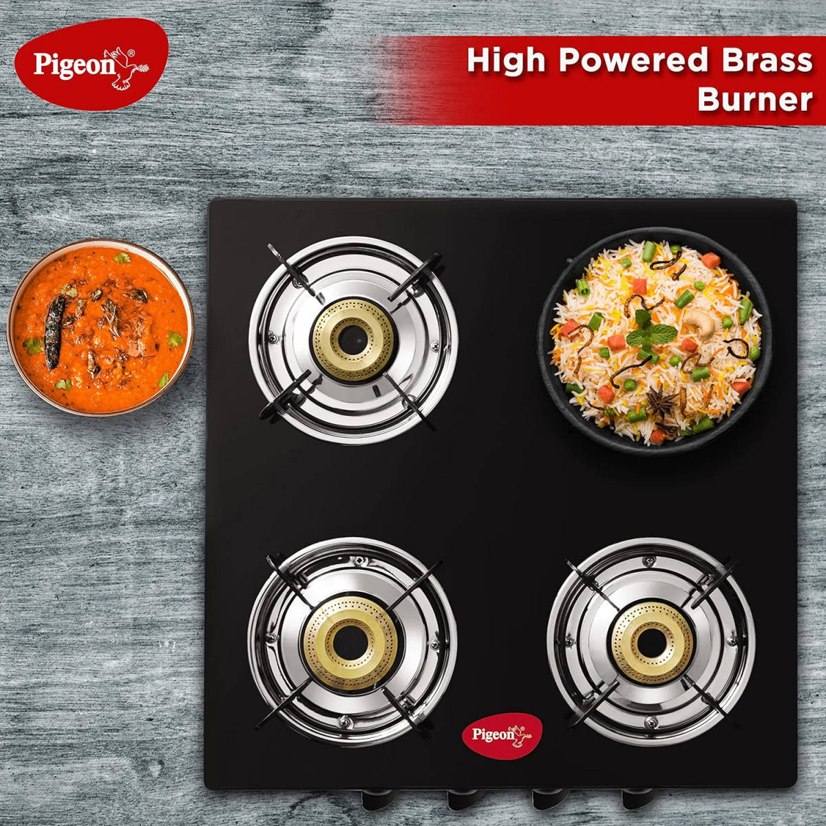 Pigeon by Stovekraft Aster Gas Stove 4 Burner with High Powered Brass Burner Gas Cooktop with Glass Top