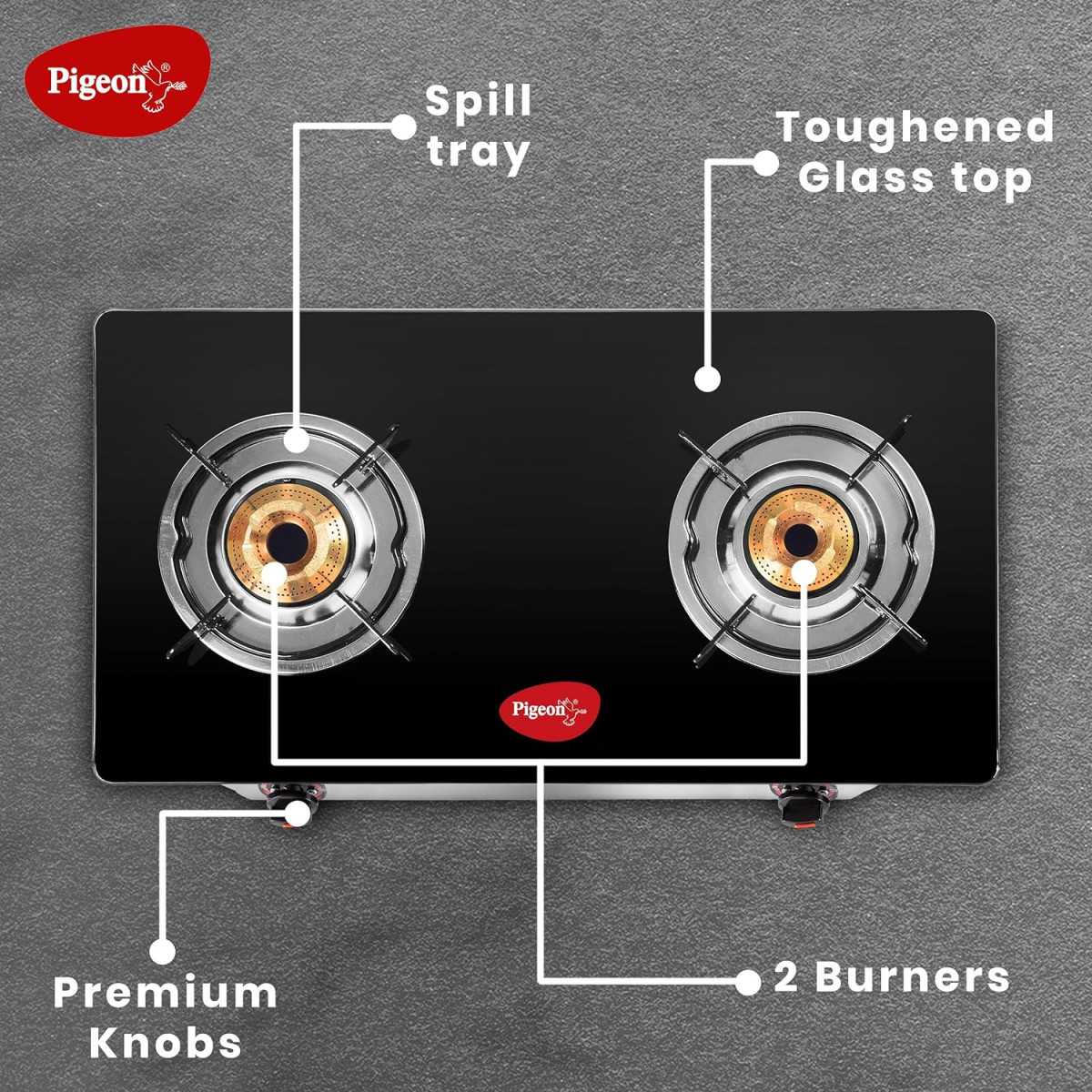 Pigeon by Stovekraft Favourite Glass Top 2 Burner Gas Stove Manual Ignition Black