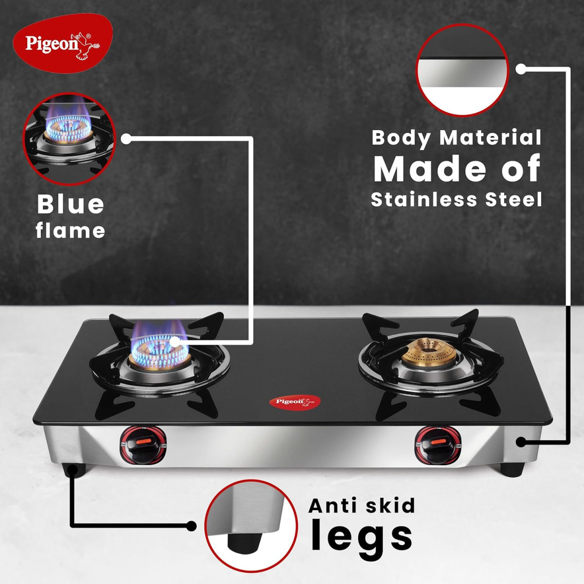 Pigeon by Stovekraft Favourite Glass Top 2 Burner Gas Stove Manual Ignition Black