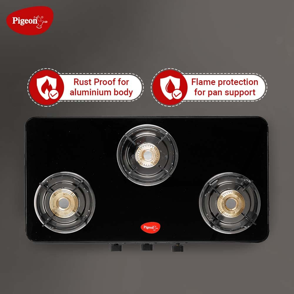 Pigeon by Stovekraft Sleek 3 Burner Ultra Slim Gas Stove with Glass Top Manual Black