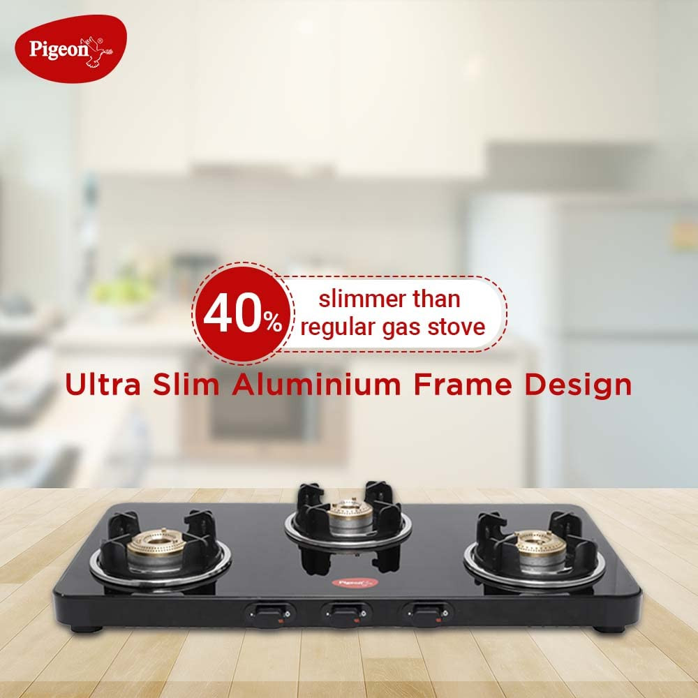 Pigeon by Stovekraft Sleek 3 Burner Ultra Slim Gas Stove with Glass Top Manual Black