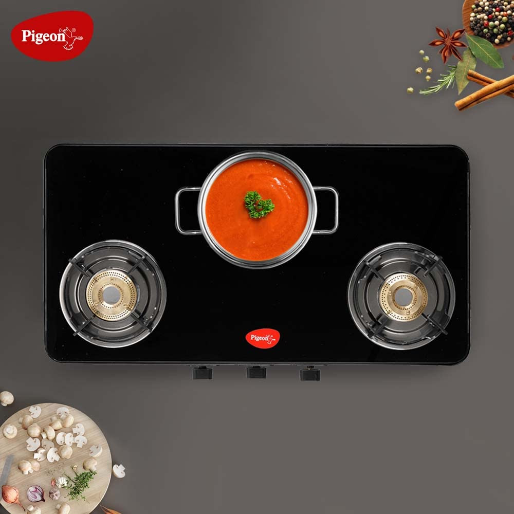 Pigeon by Stovekraft Sleek 3 Burner Ultra Slim Gas Stove with Glass Top Manual Black