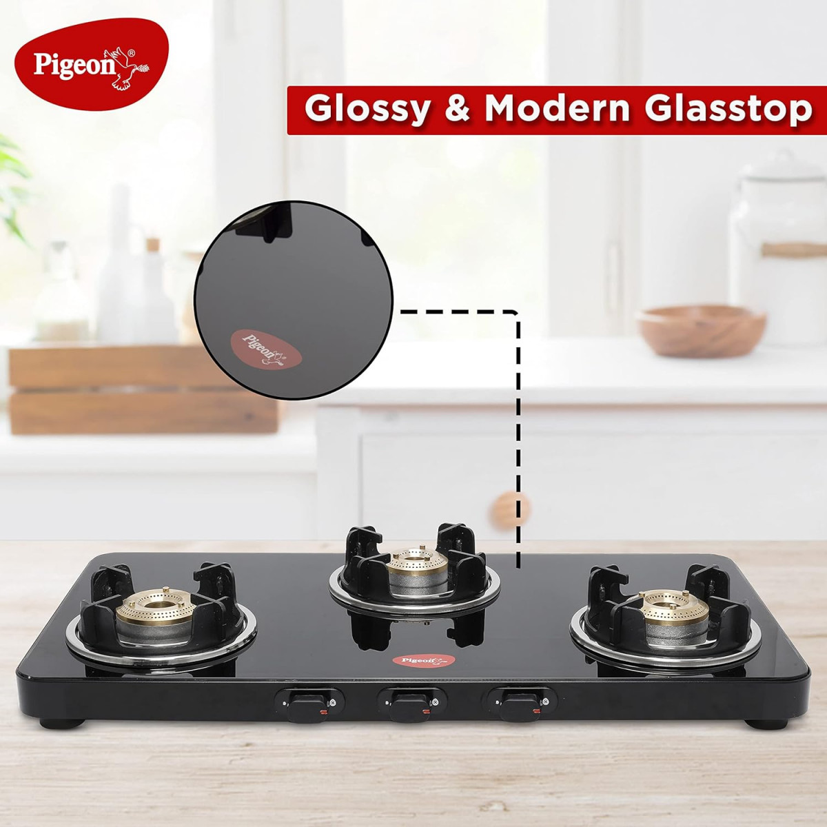 Pigeon by Stovekraft Sleek 3 Burner Ultra Slim Gas Stove with Glass Top Manual Black