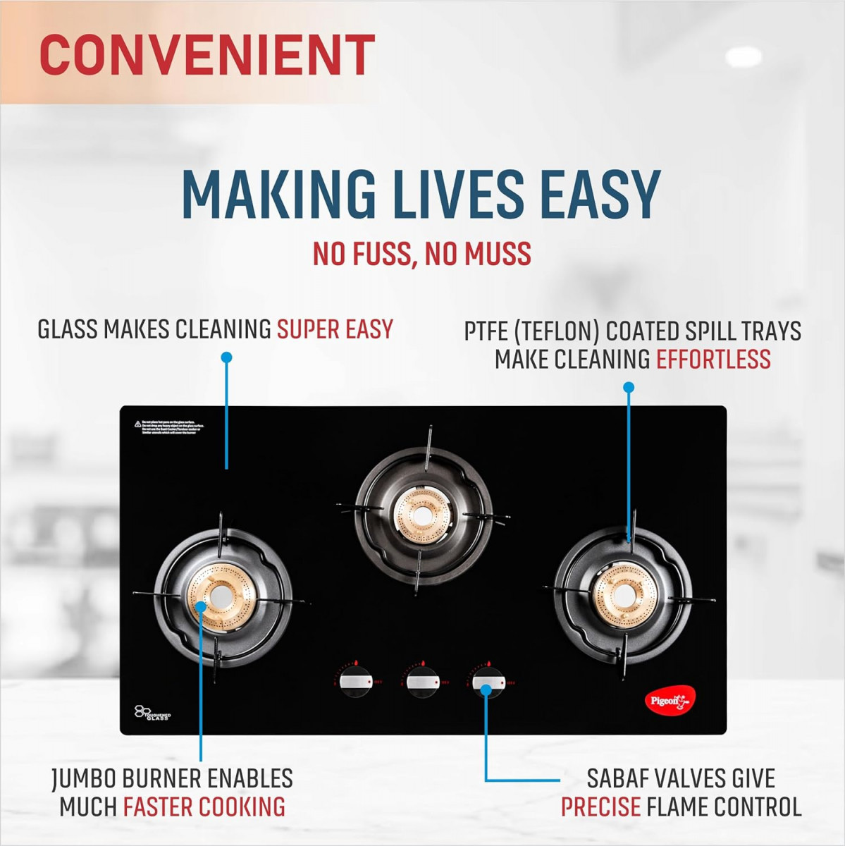 Pigeon Infinity Glass Stove Cooktop with Glass Top and Stainless Steel body 3 Burner Gas Stove Manual Ignition Black