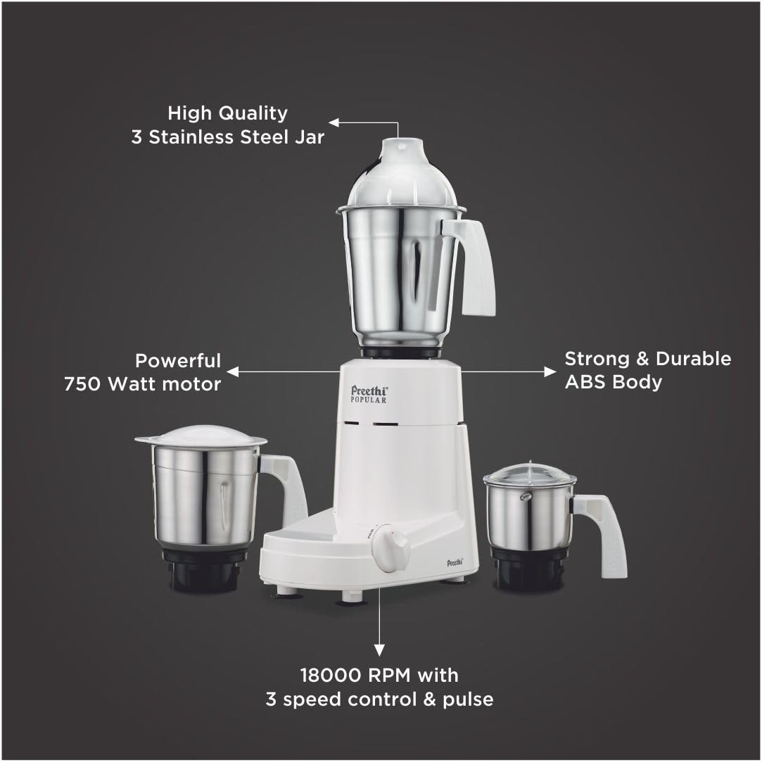 Preethi Popular MG 142 750-Watt Mixer Grinder with 3 Jars White